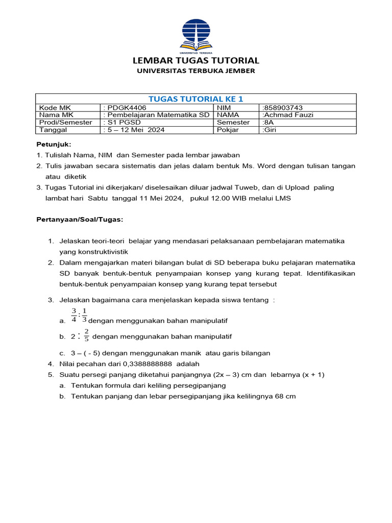 TUGAS TUTORIAL KE 1 - PEMBL MAT SD - Achmad Fauzi | PDF | Karier ...