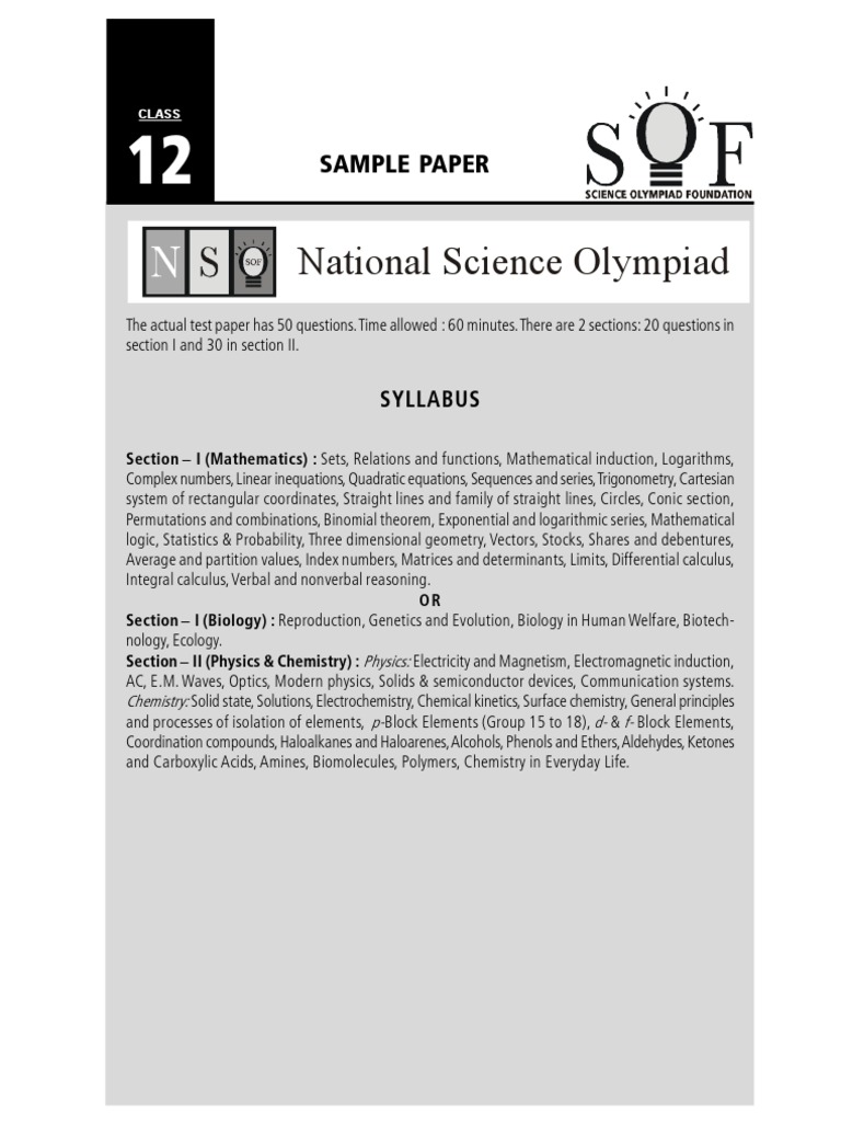 Class 12 National Science Olympiad Sample Paper | PDF | Solution ...