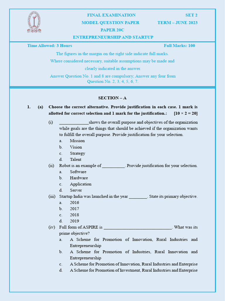 Entrepreneurship Exam Model Paper 2023 | PDF | Startup Company | Small ...