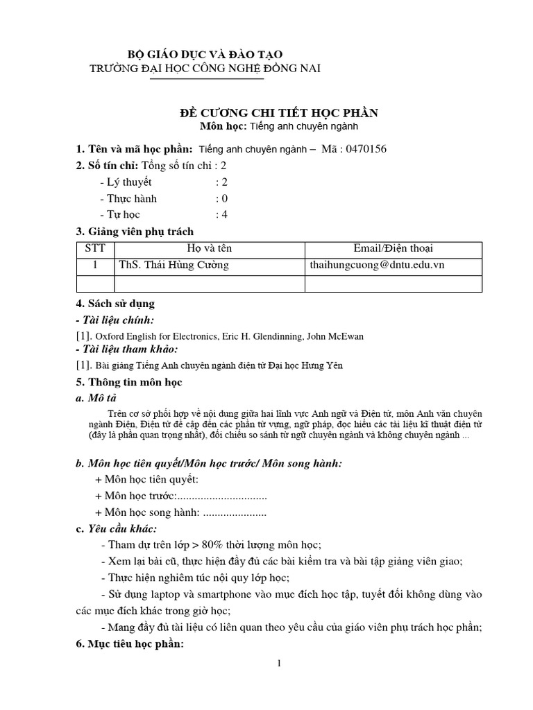 De cuong mon hoc tieng anh chuyen nganh pdf