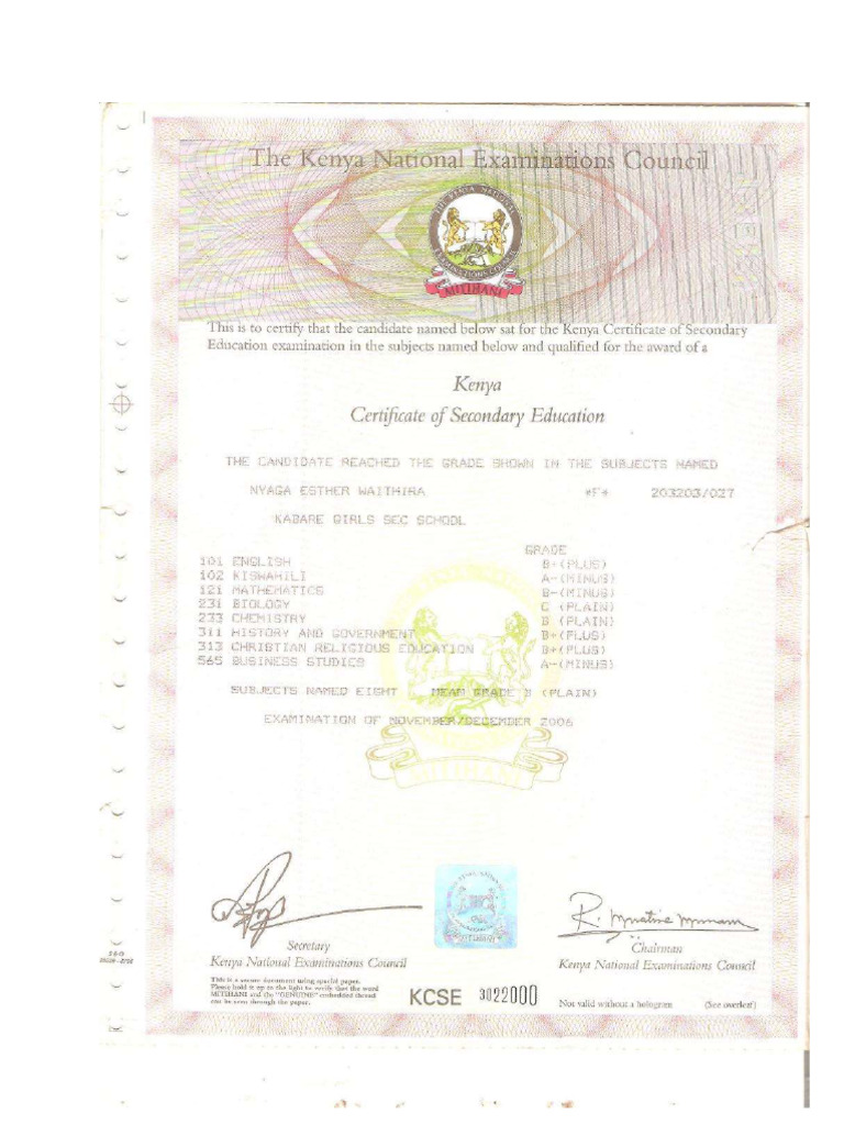 KCSE Certificate | PDF