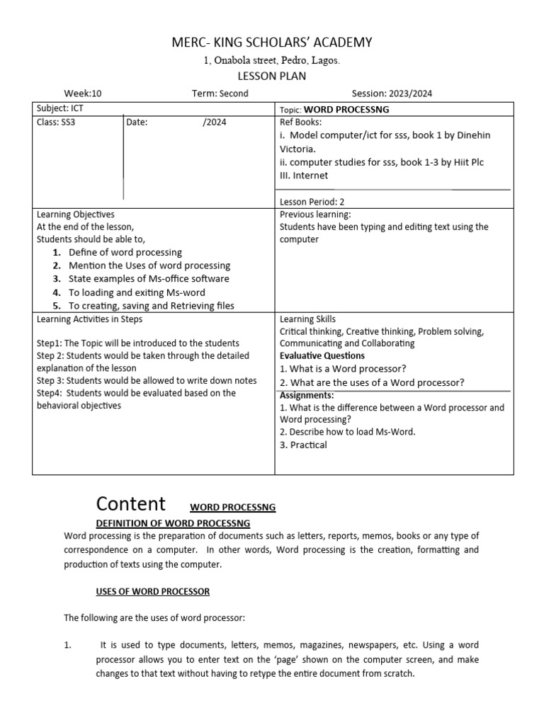 Ict SS1 WK10 Word Processng | PDF | Microsoft Word | Word Processor