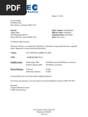 CURE Auto Insurance Binder Details | PDF