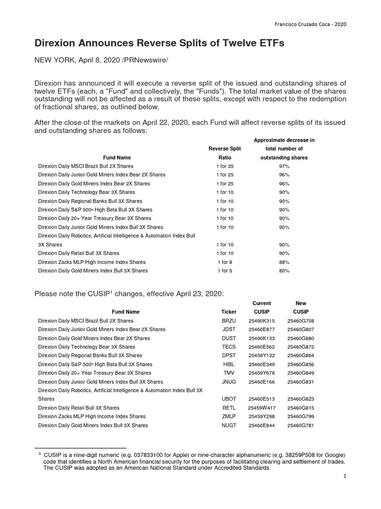 Direxion Announces Reverse Splits 11 ETFs | PDF | Exchange Traded Fund ...