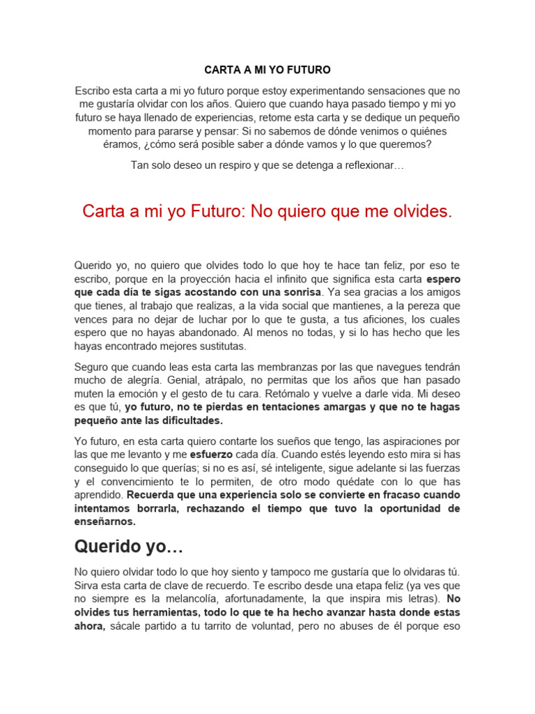 Carta a mi yo futuro: reflexiones y sueños | PDF