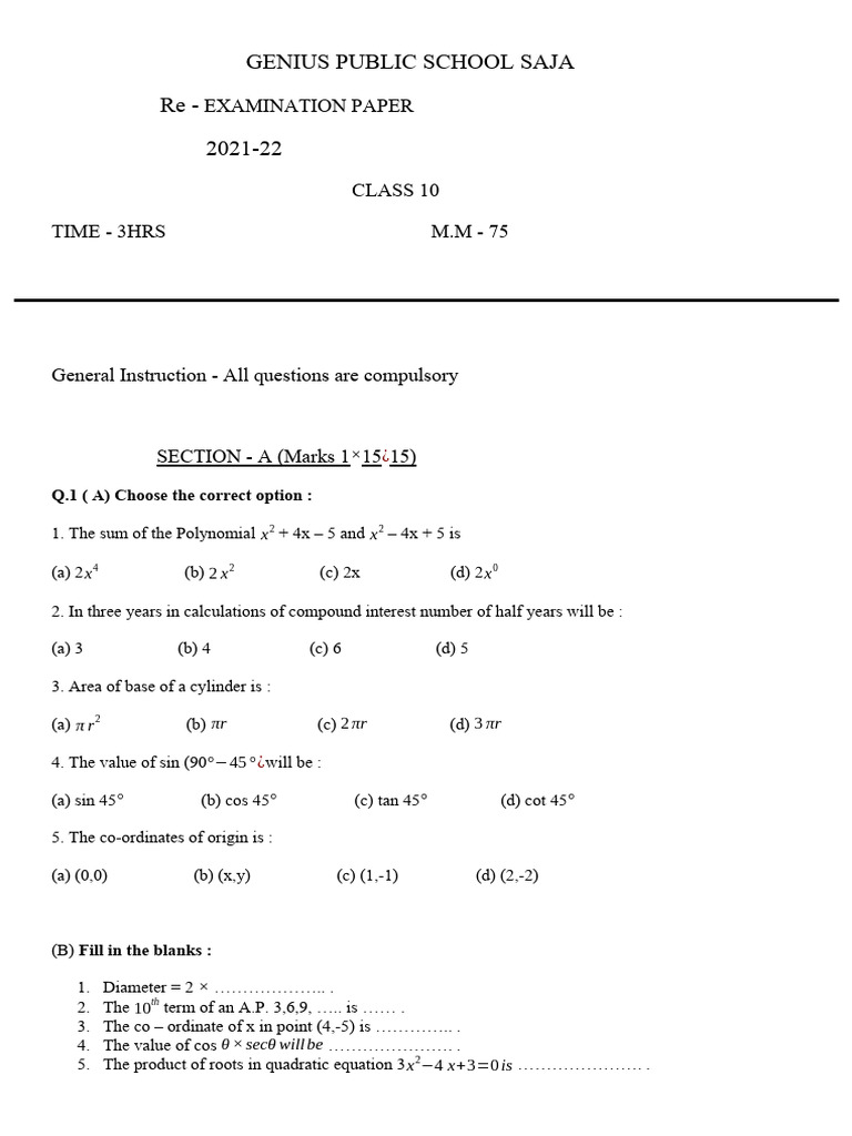 Class 10 Examination Paper 2021-22 | PDF | Mathematics | Elementary ...
