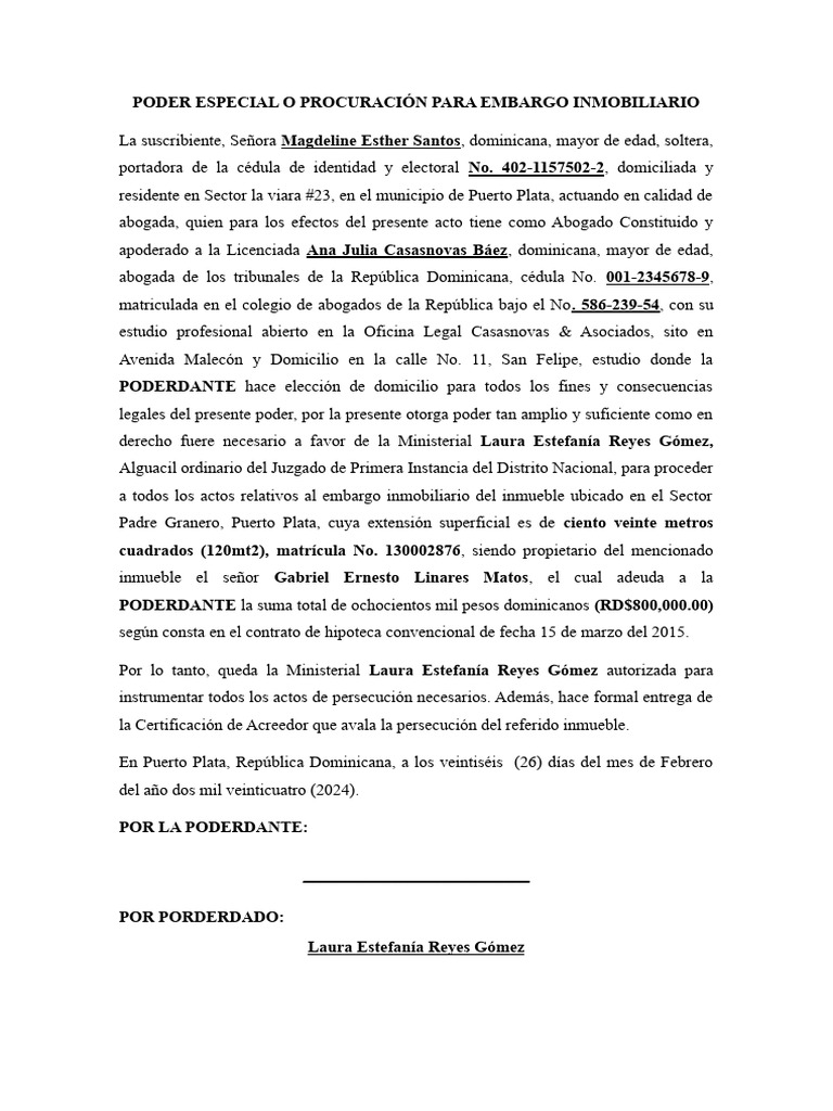 Poder para Embargo Inmobiliario RD | PDF | República Dominicana | Gobierno