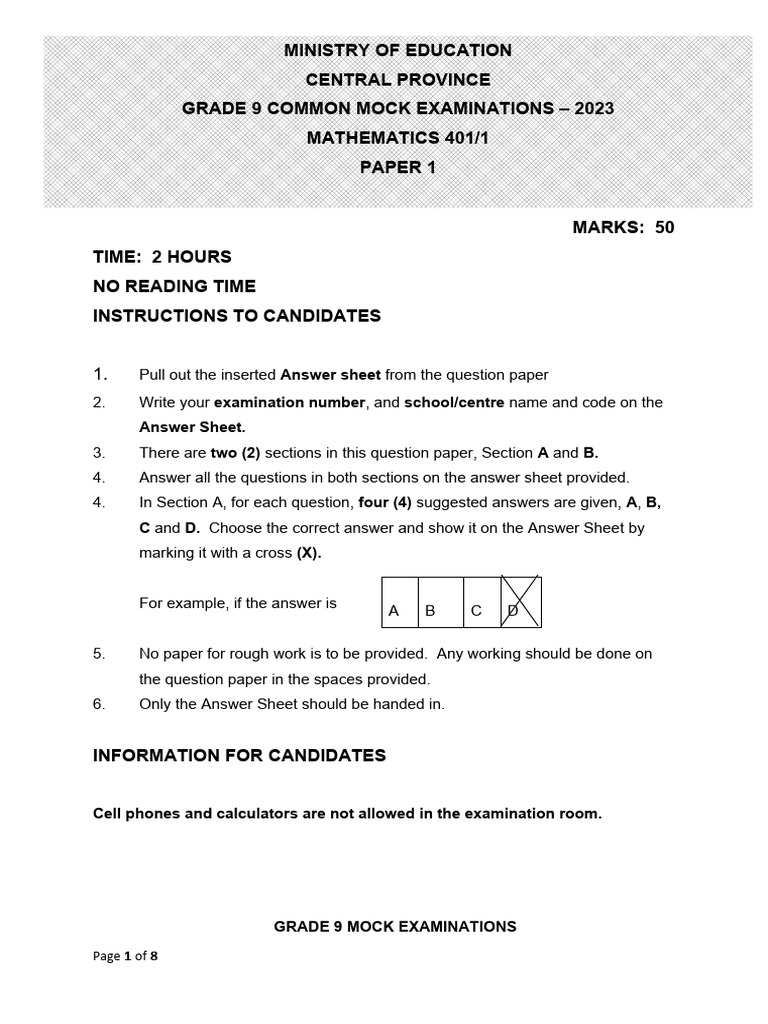 Grade 9 Mathematics Mock Exam 2023 | PDF | Mathematics