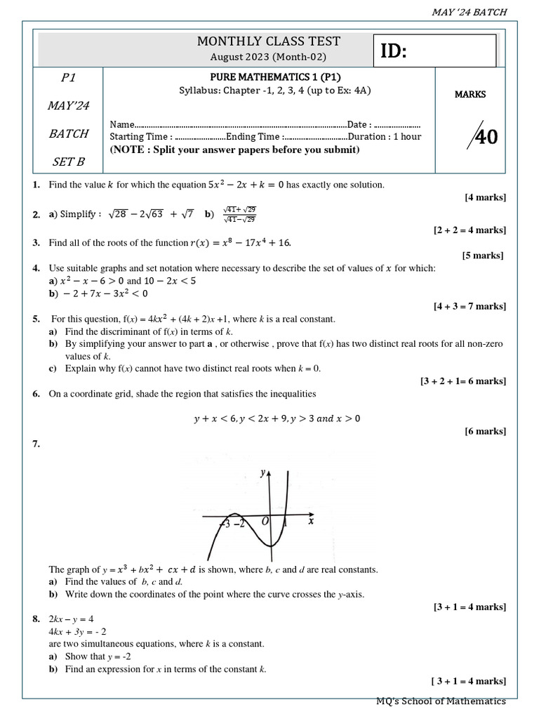 May 2024 Pure Mathematics Test | PDF | Equations | Mathematical Physics