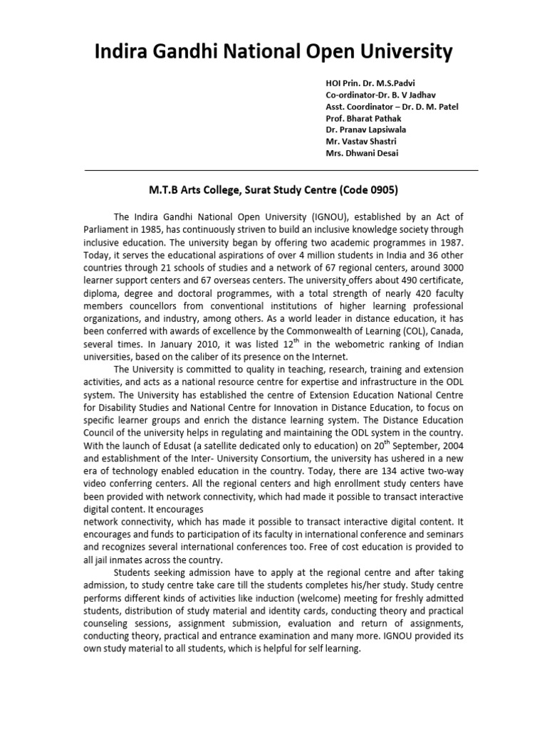 IGNOU Study Centre Surat Overview | PDF | Distance Education
