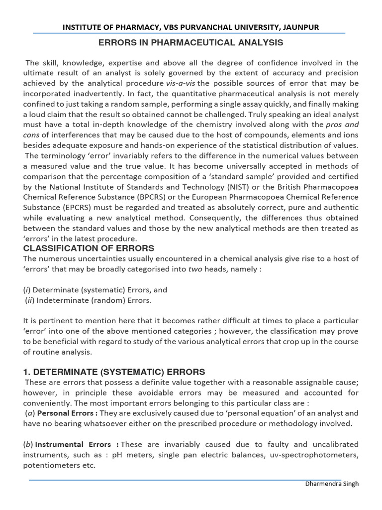 Errors in Pharmaceutical Analysis PDF Titration Chemistry