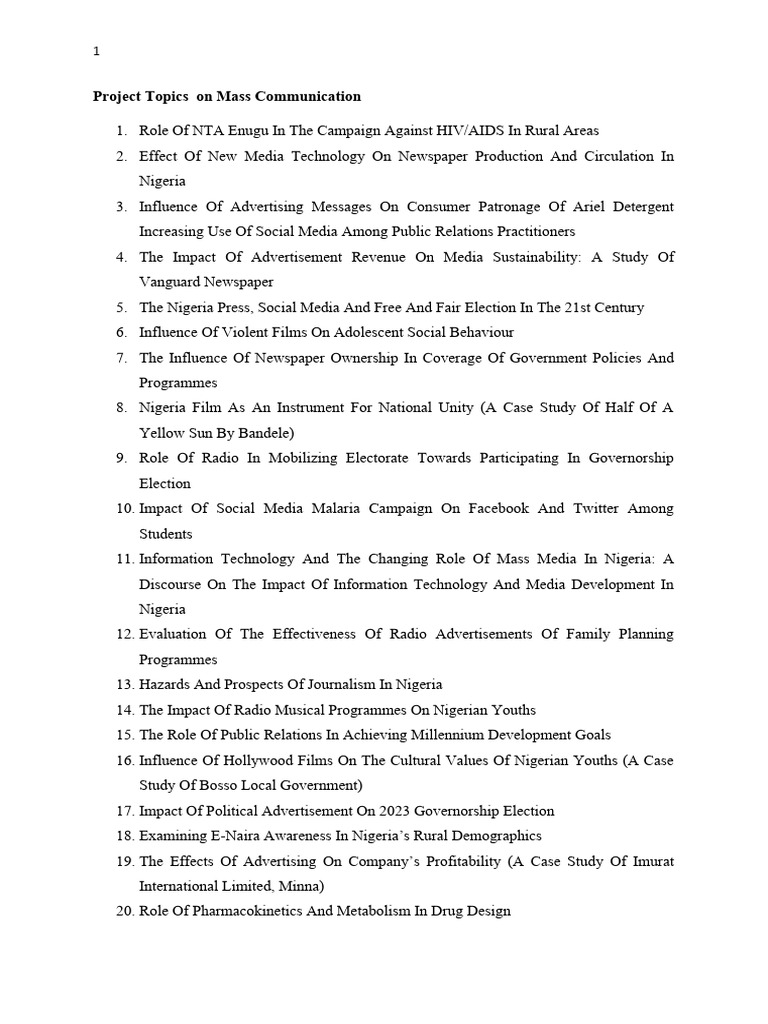 Mass Communication Project Topics | PDF | Mass Media | Journalism