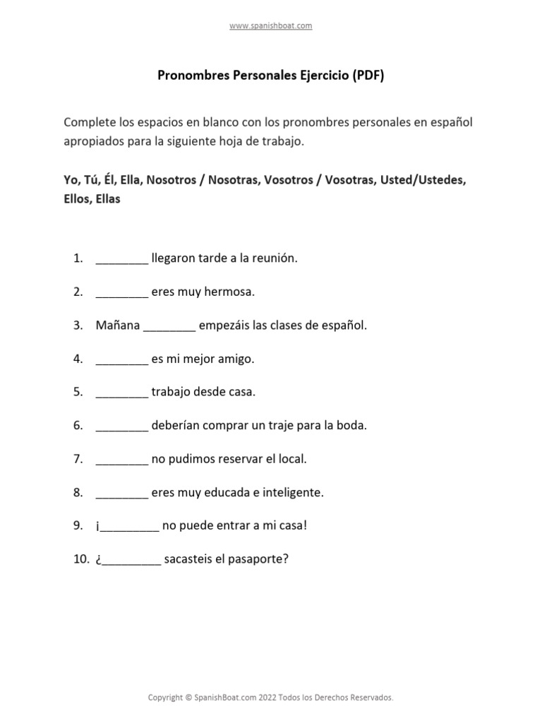 Ejercicio Pronombres Personales PDF | PDF | Artes del Lenguaje y ...