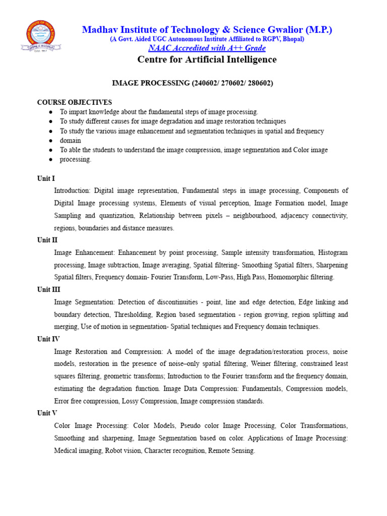 Image Processing Course Syllabus | PDF | Data Compression | Image ...