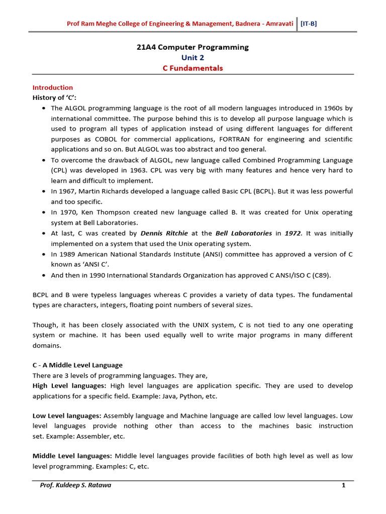 CP - Unit-II - C Fundamentals | Download Free PDF | Integer (Computer ...