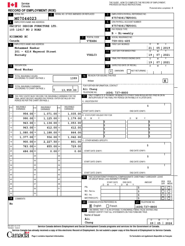 Record of Employment (Roe) : Ali Chang | PDF | Payroll Tax | Employment