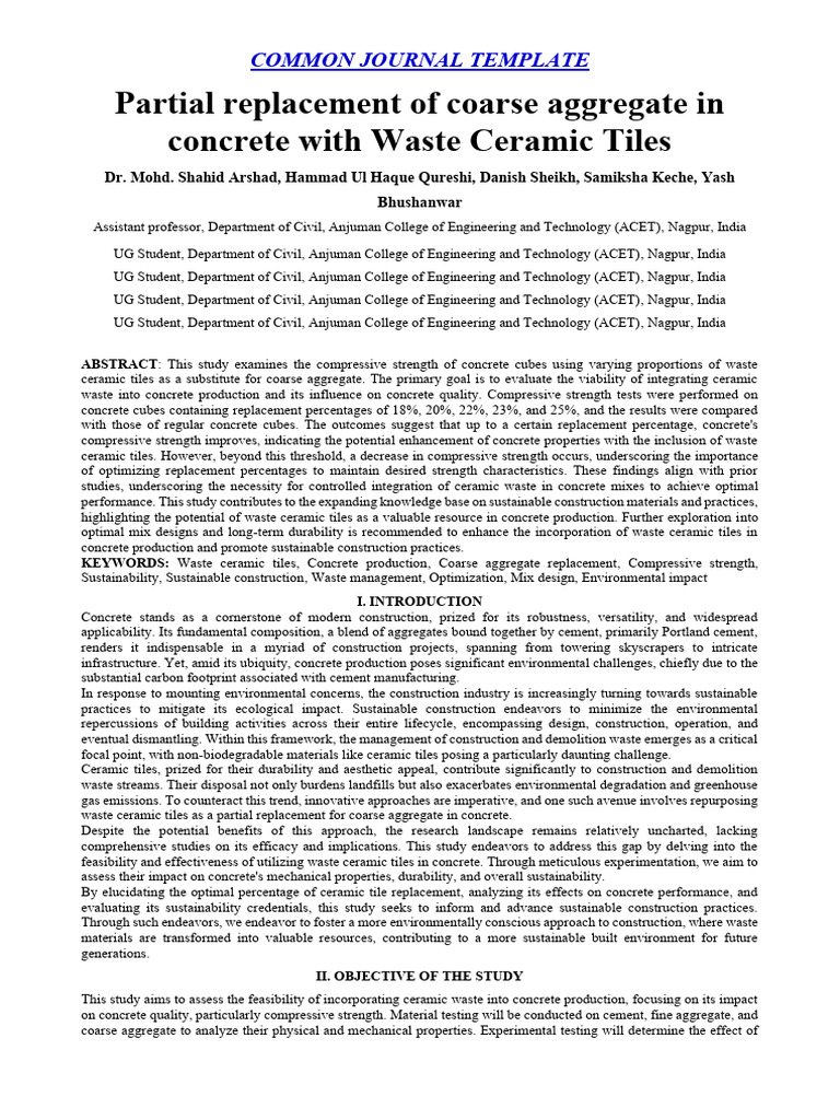 Research Paper Partial Replacement of Coarse Aggregate in Concrete With ...