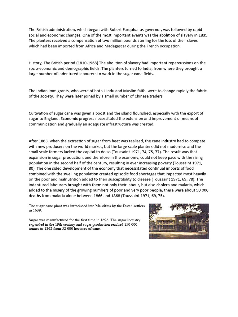 British Rule and Sugar Industry in Mauritius | PDF | Sugarcane | Slavery