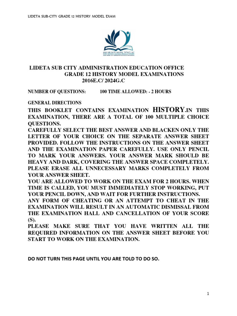 Lideta Grade 12 History Model Exam | PDF | Ethiopia