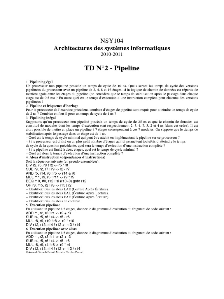 Pipelining des Processeurs : TD N°2 | PDF | Circuit intégré ...