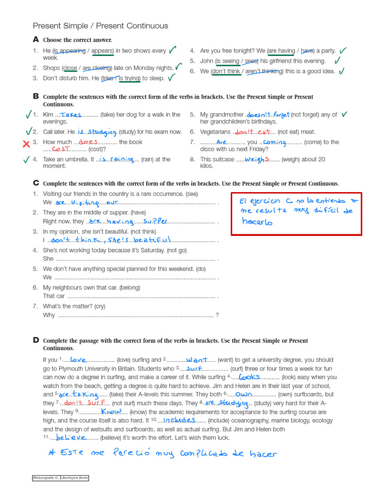 Present Simple vs. Present Continuous Exercises | PDF | Language Arts ...
