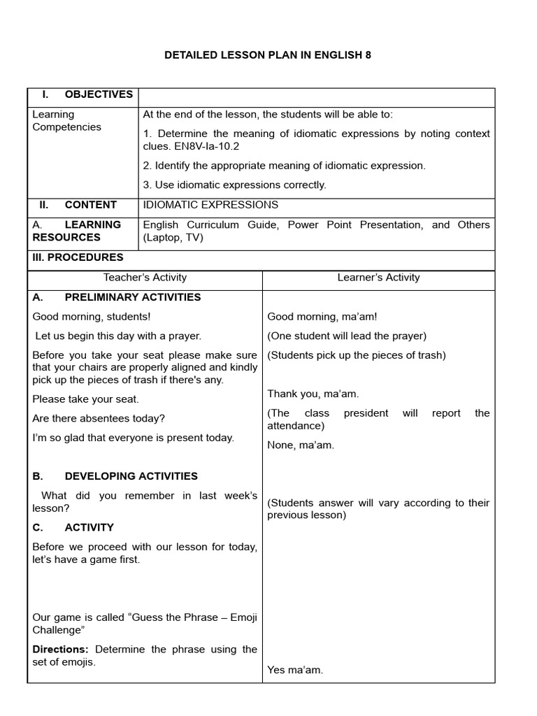 Lesson Plan on Idiomatic Expressions | PDF | Idiom | Phrase