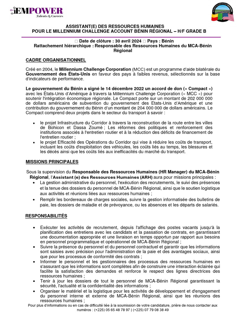 Recrutement Assistant RH MCA-Bénin | PDF | Gestion des ressources ...