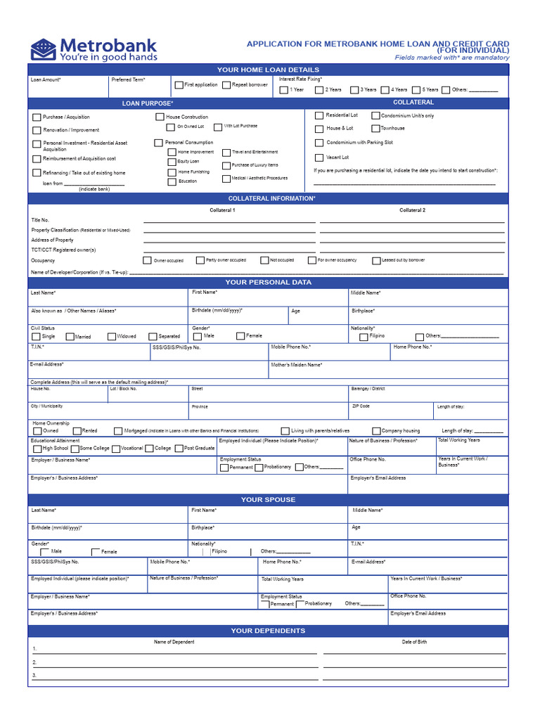 Metrobank Home Loan Application Form | PDF | Credit Card | Loans