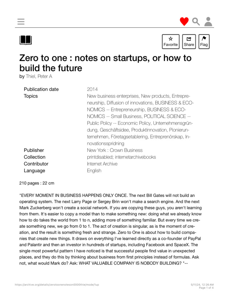 Zero to one notes on startups or how to build the future thiel