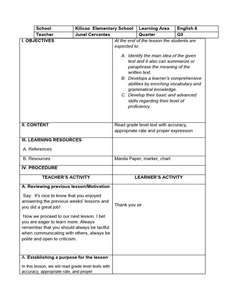Grade 6 English Reading Lesson Plan | PDF | Learning | Vocabulary