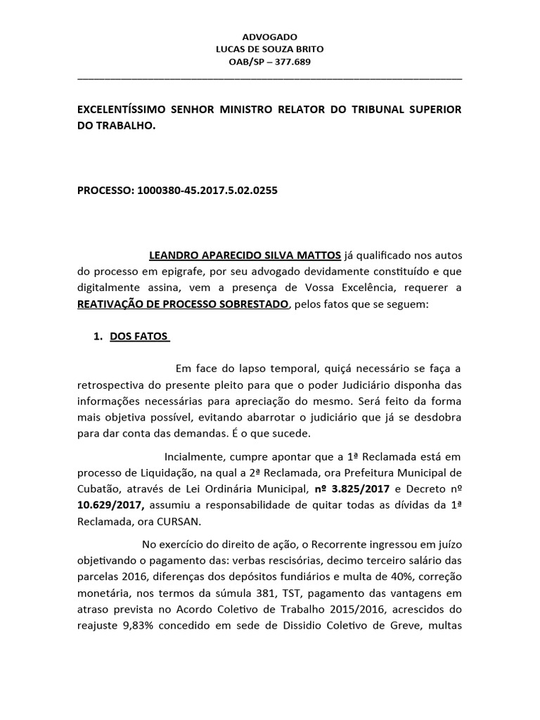 Pedido de Reativação Dos Autos | PDF | Advogado | Sentença (jurídico)
