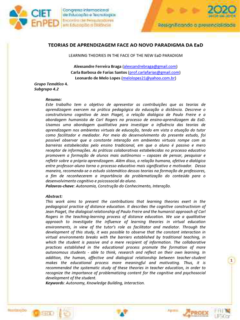 Teorias de Aprendizagem na EaD | PDF | Educação à distância | Aprendizado