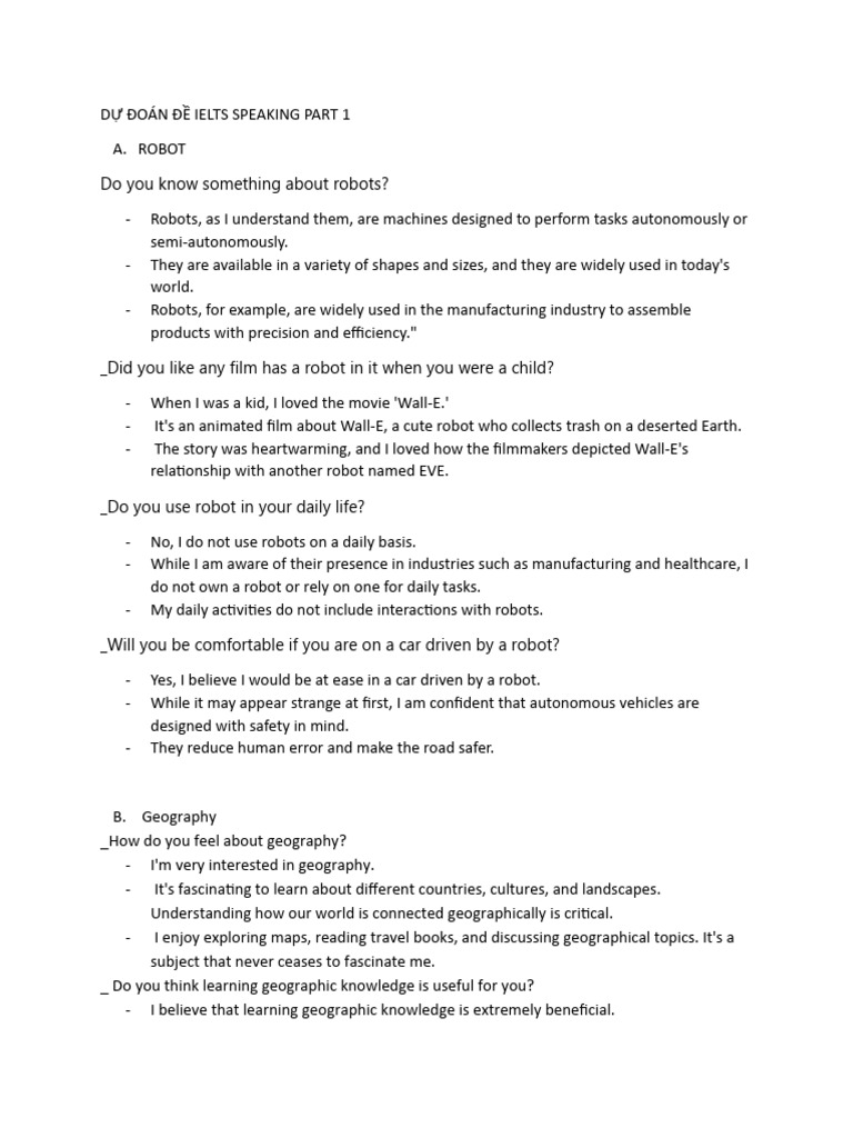 DỰ ĐOÁN ĐỀ IELTS SPEAKING PART 1 | PDF | Conversation | Robot