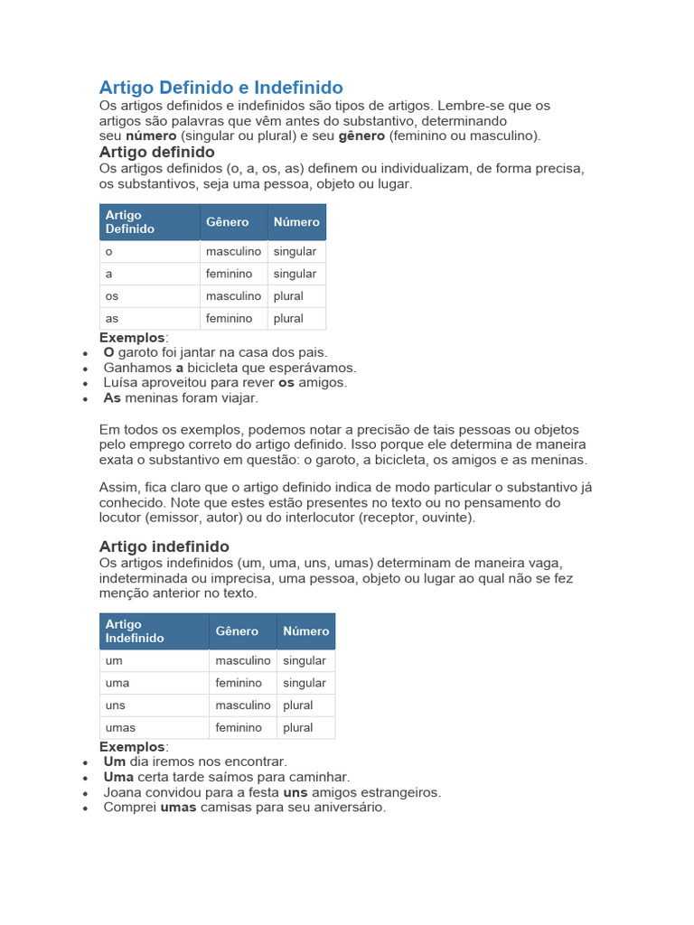Artigo Definido E Indefinido: Veja Como Identificar. – JJFEH