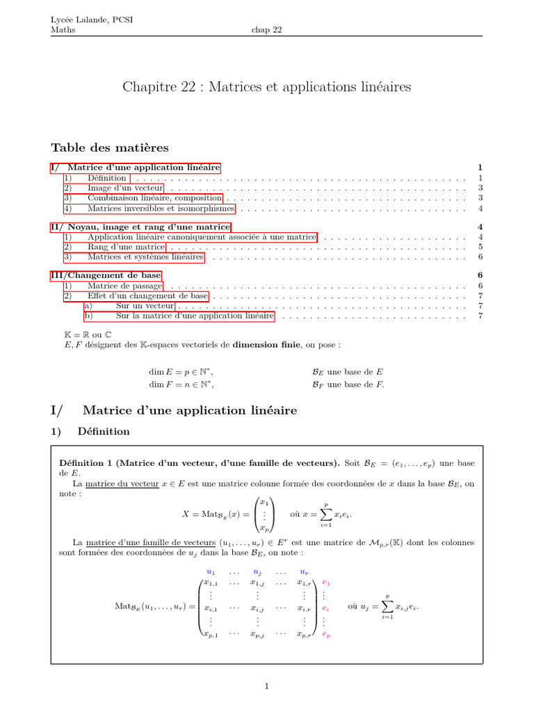 Matrices et applications linéaires | PDF | Base (algèbre linéaire ...