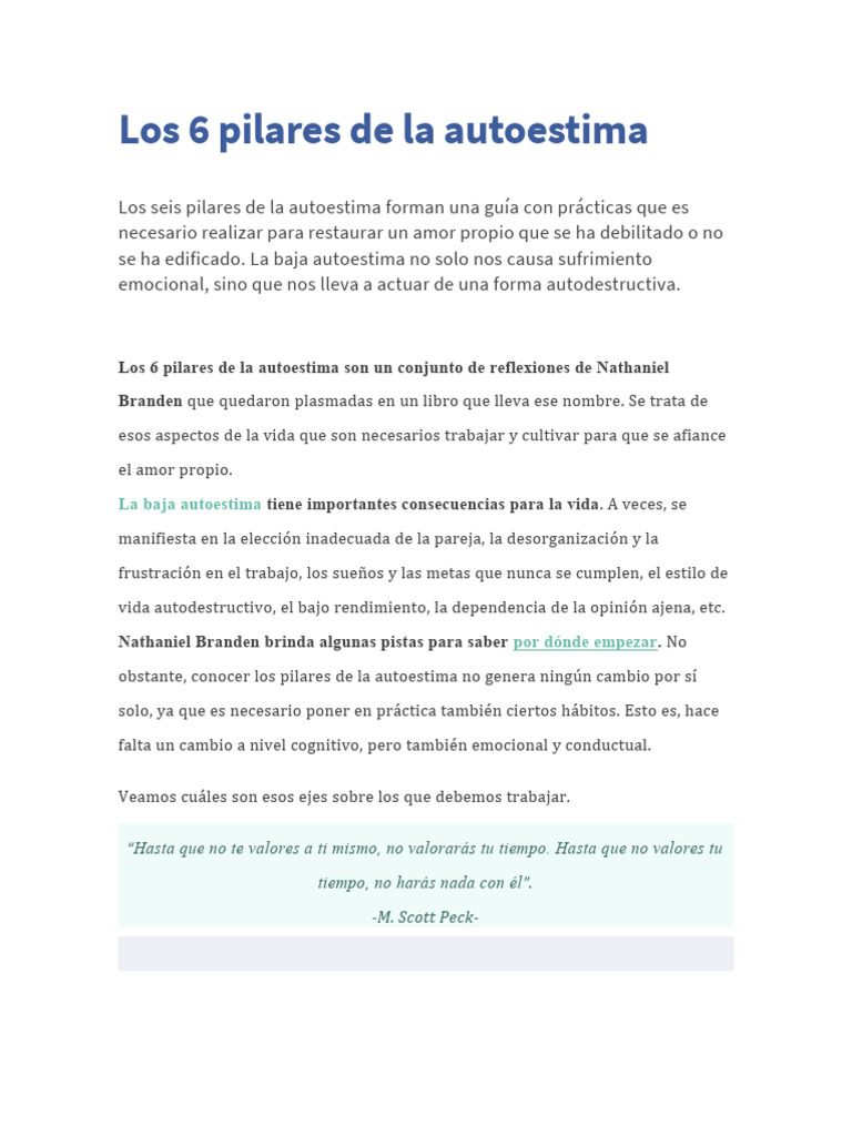 Los 6 Pilares de La Autoestima | PDF | Autoestima | Ciencias del ...