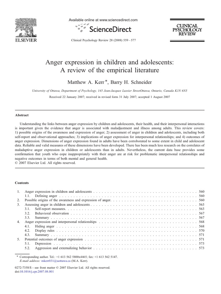 Anger Expression In Children And Adolescents A Review Of The Empirical