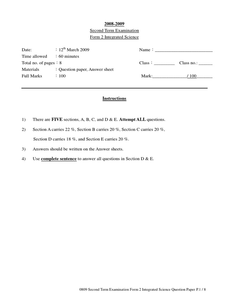 Form 2 Integrated Science Exam Paper | PDF | Series And Parallel ...