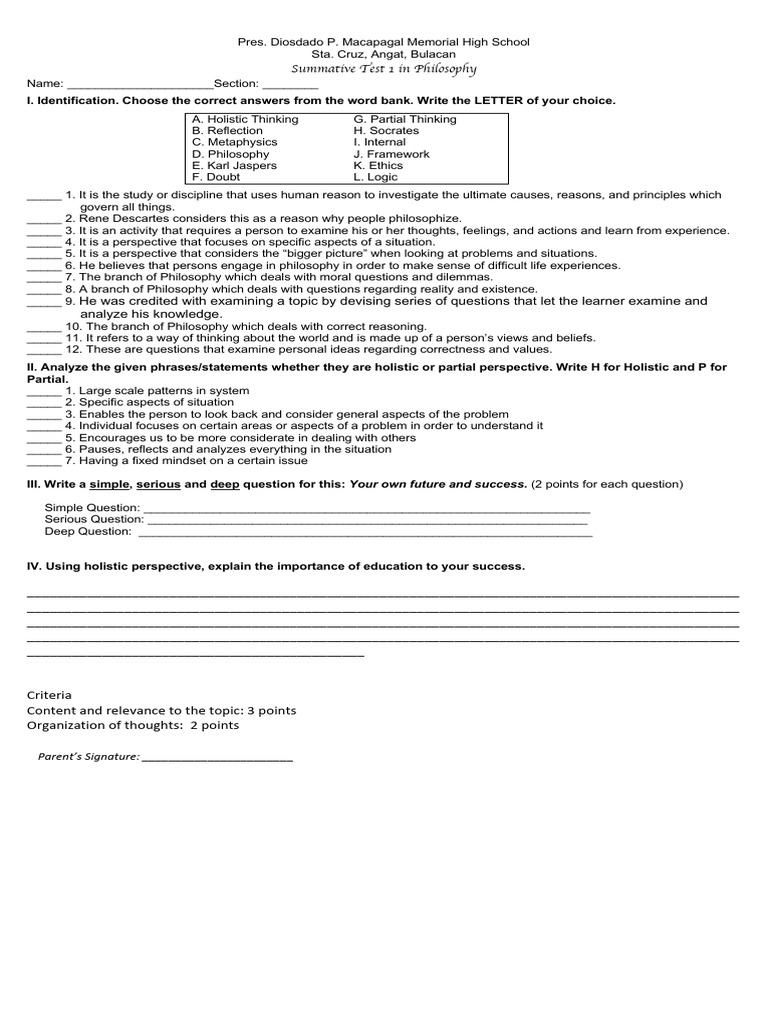 Philosophy Summative Test for Students | PDF | Reason | Thought