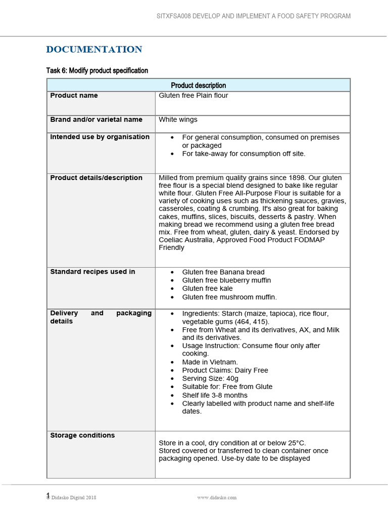 Gluten Free Flour Product Specification | PDF | Flour | Gluten Free Diet