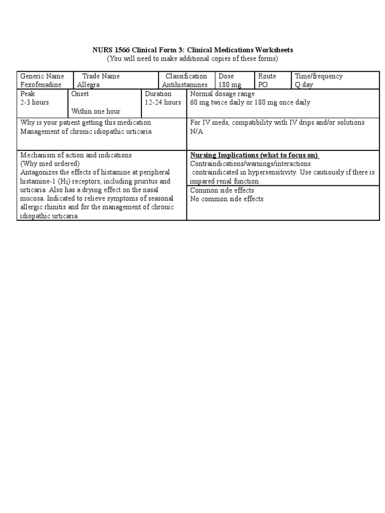 Worksheets Medication Management Worksheets allegra fexofenadine