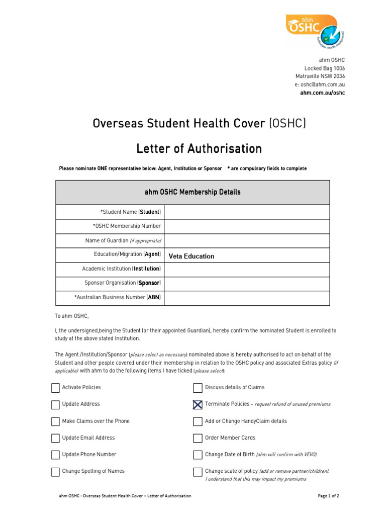OSHC Letter of Authorisation Template | PDF