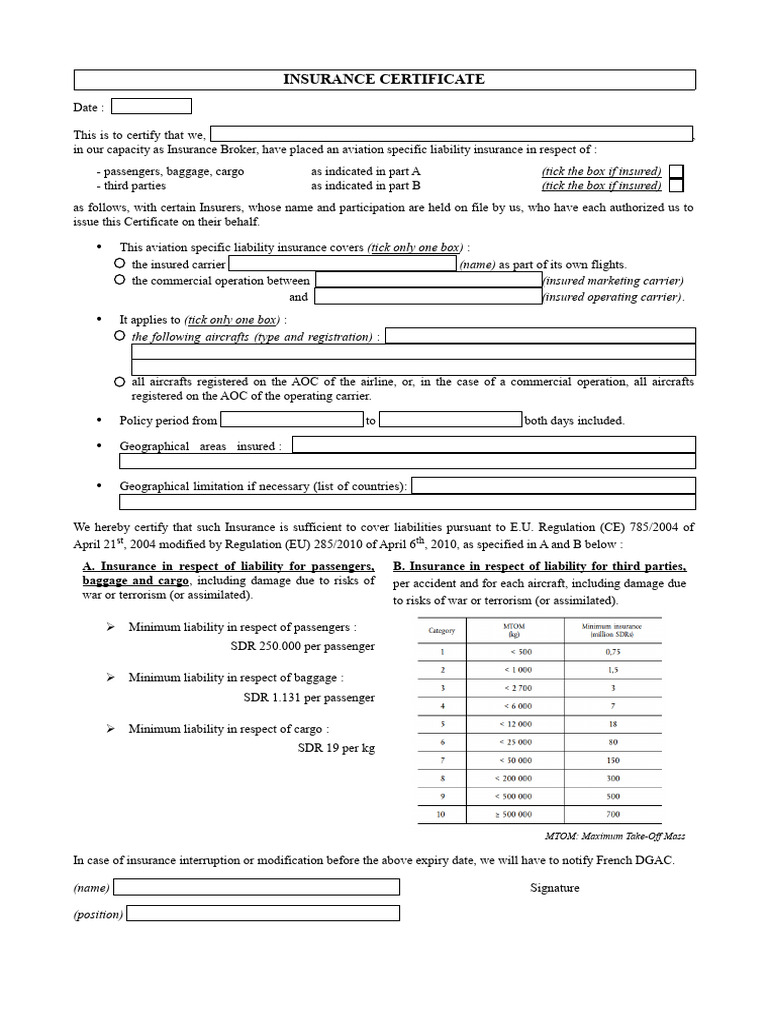 Insurance Certificate Form | PDF | Insurance | Airlines