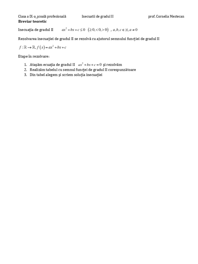 Inecuatia de Gradul II Cls 9 Prof | PDF