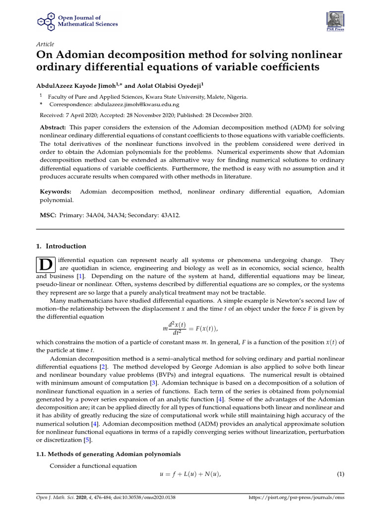 On Adomian Decomposition Method For Solving Nonlin | PDF | Equations ...