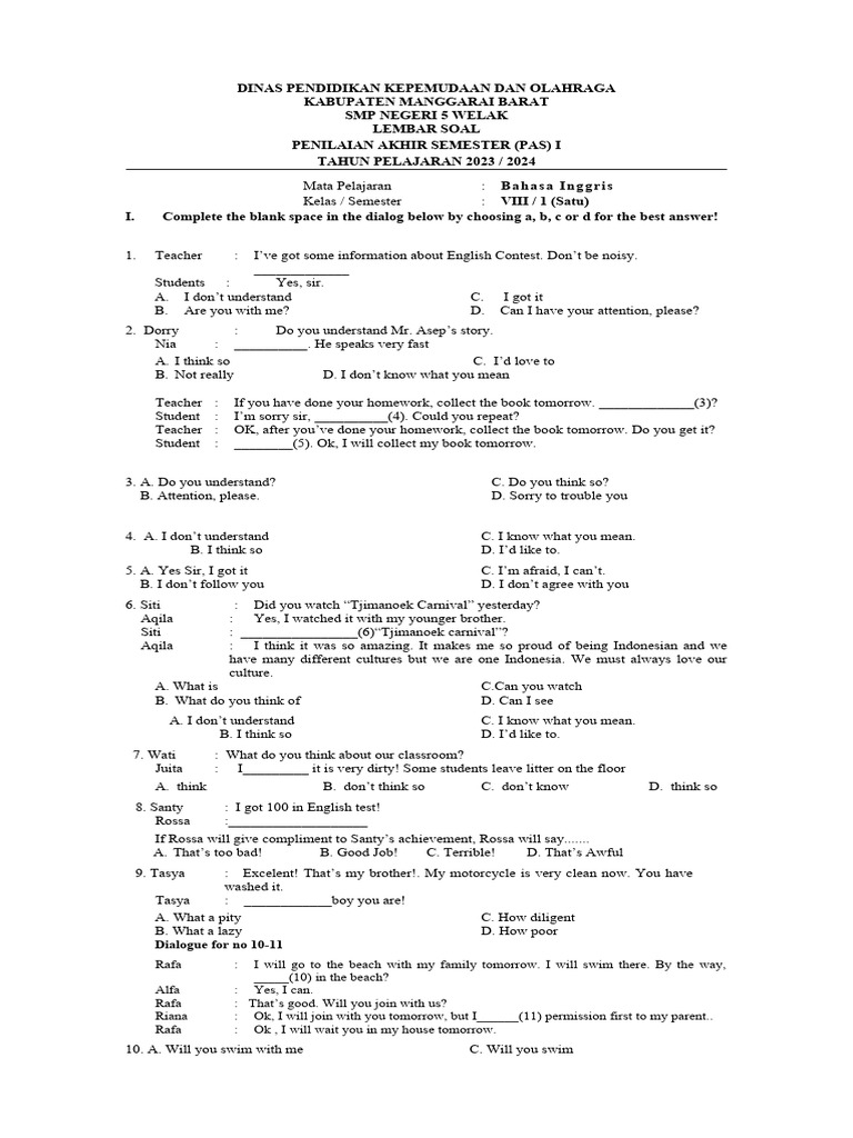 SMP English Exam Questions | PDF