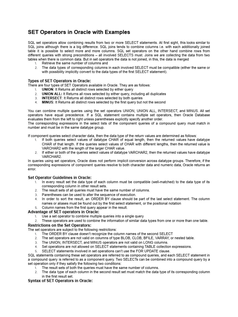 SET Operators in Oracle With Examples | PDF | Data Type | Computer Science
