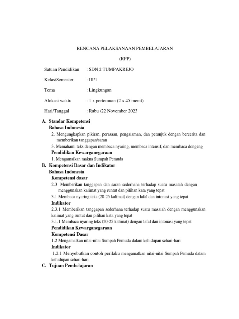 RPP Membaca Nyaring Kelas 3 SD | PDF