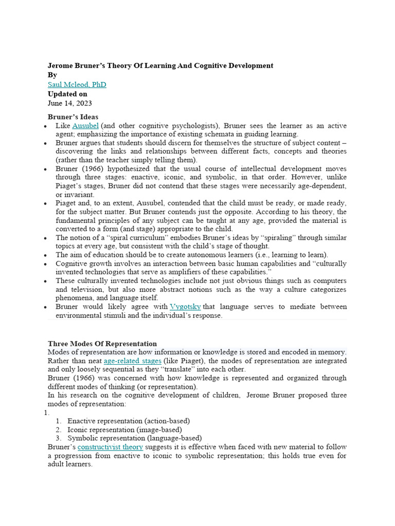 Bruner's Cognitive Development Theory | PDF | Cognitive Development ...