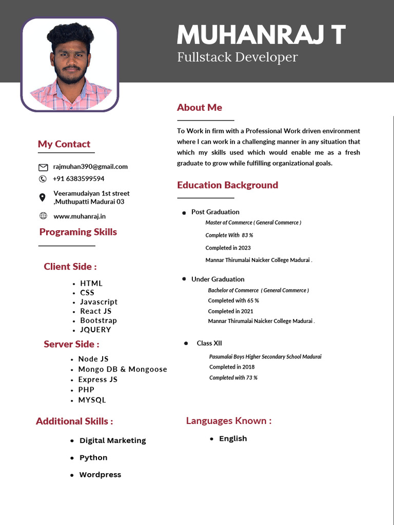 Fullstack Developer Resume - MUHANRAJ T | PDF | Web Development ...